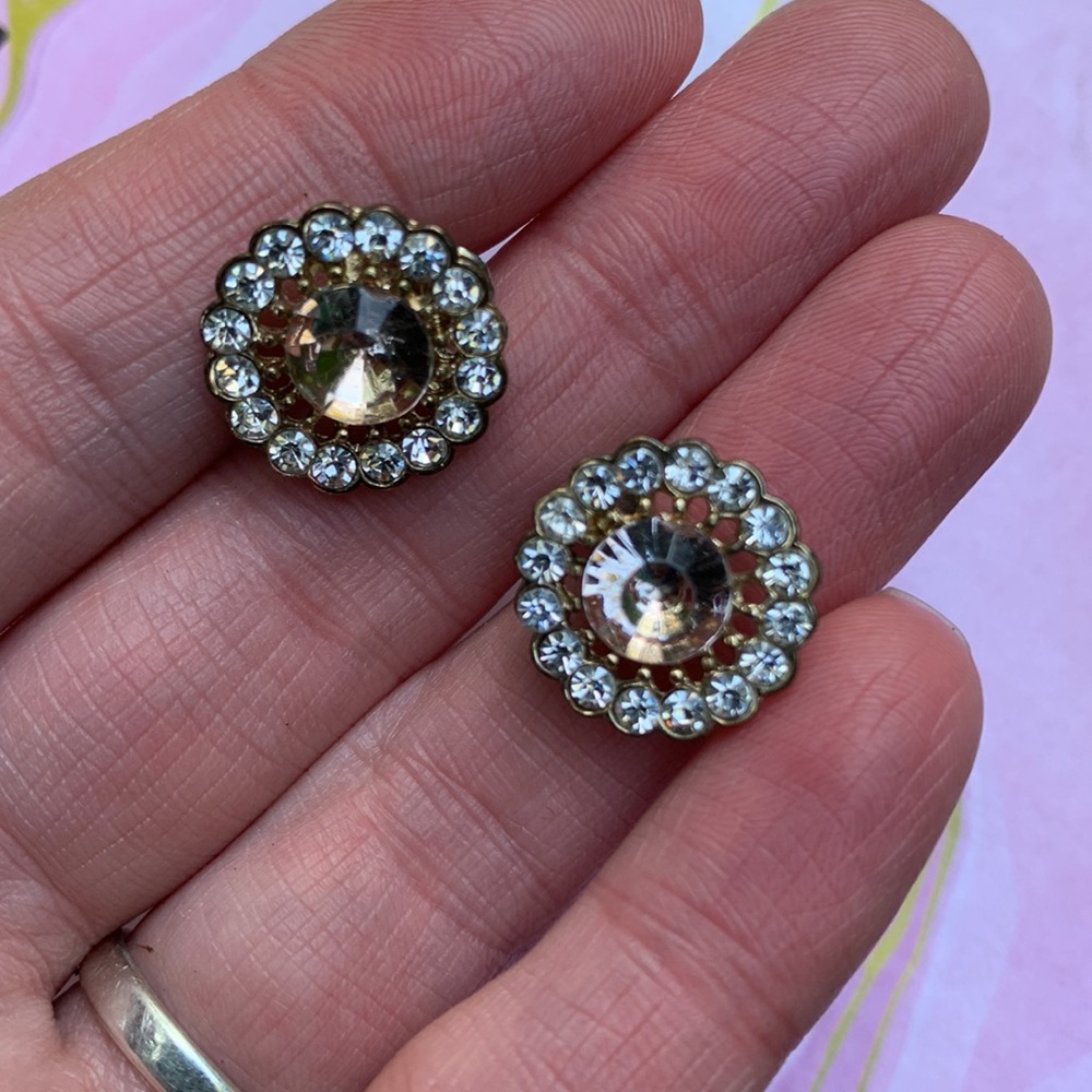 Large brilliant round stones gold pink clear crystals stud earrings like new